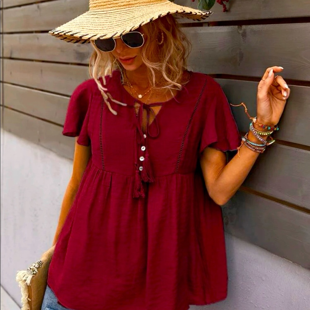 Tassel Tie Neck Peplum Blouse size M